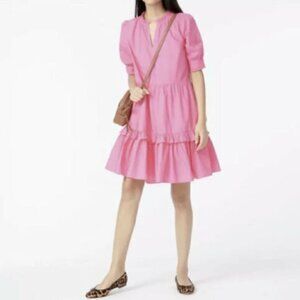 J. Crew Pink Ruffleneck Tiered Cotton 3/4 Sleeve Popover Dress